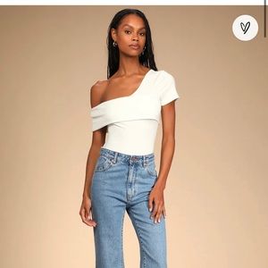 COPY - NWT LuLus White Ribbed One Shoulder Bodysuit